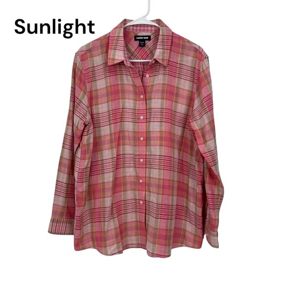 Lands End Womens Pink Plaid Button-Down Shirt Size XL 100% Cotton Woven knit - Picture 1 of 13